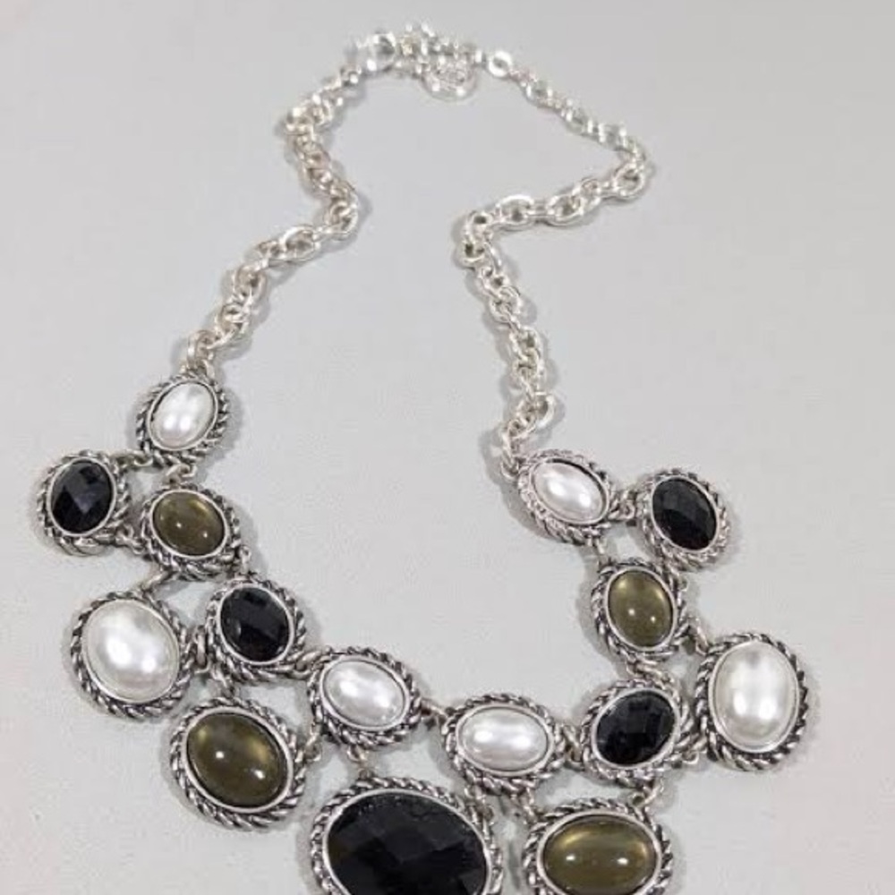 Statement Multi-Stone Silver Necklace - Green, Bl… - image 5